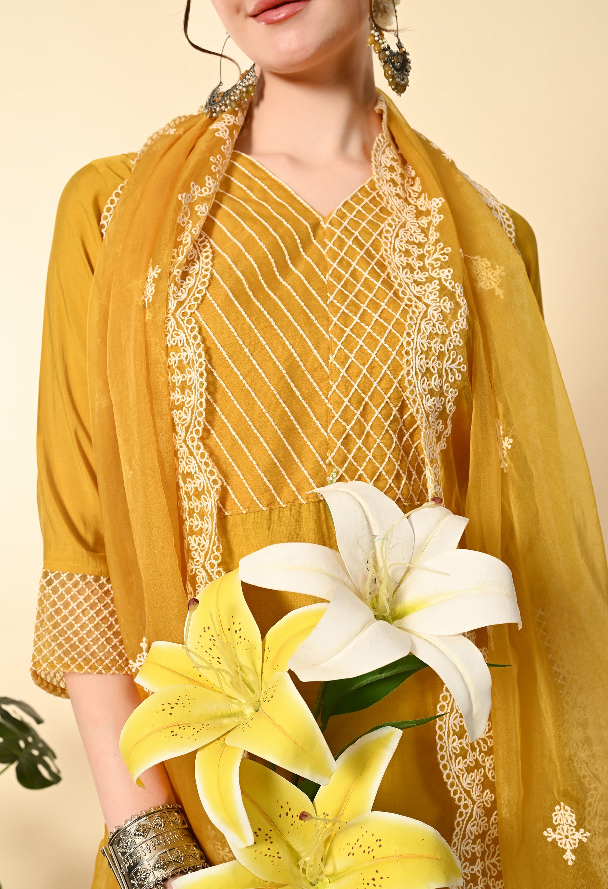 Mustard Yellow Thread Work  Embroidery Suit Set