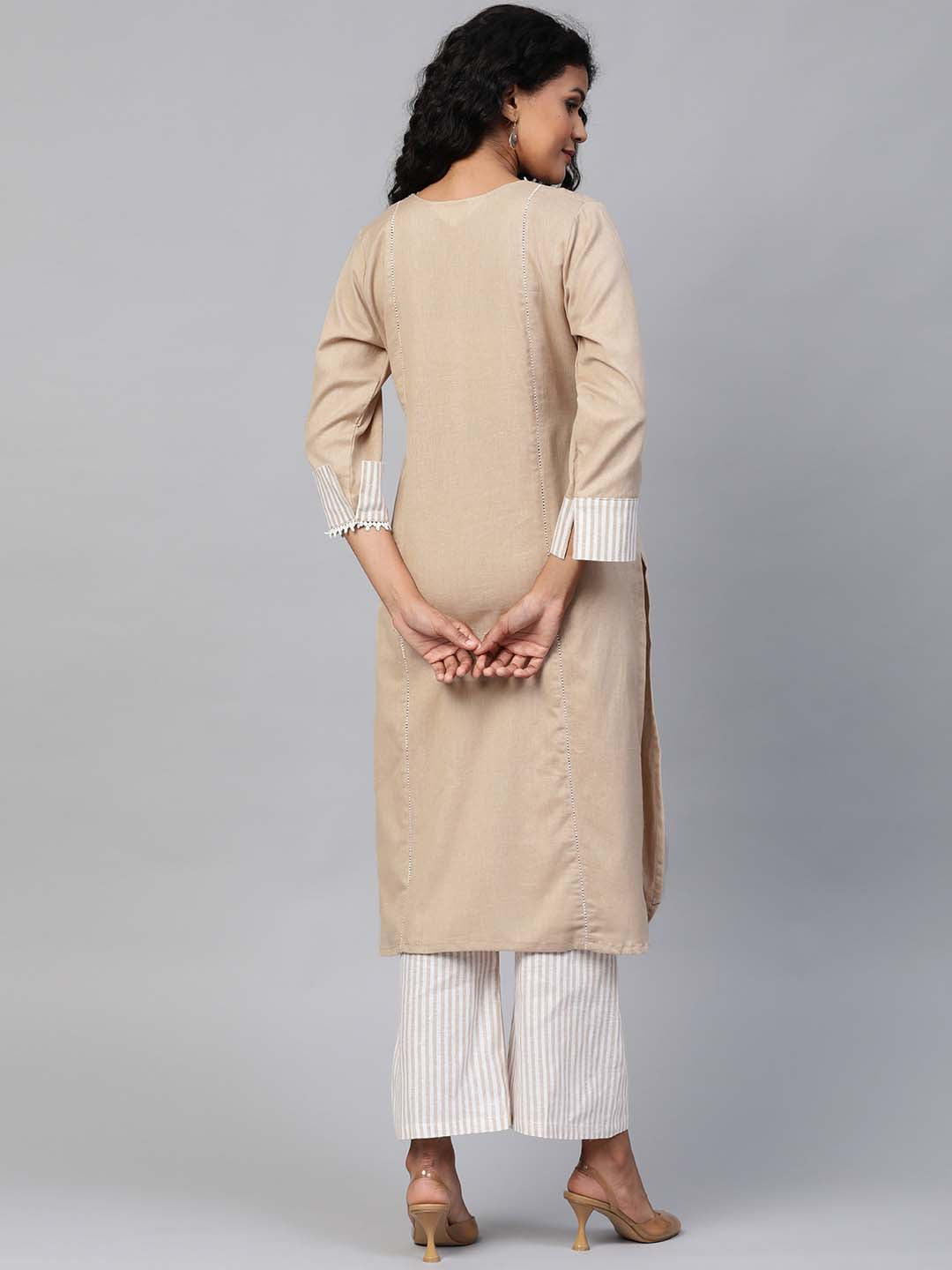 Women Beige Yoke Design Straight Sustainable Kurta