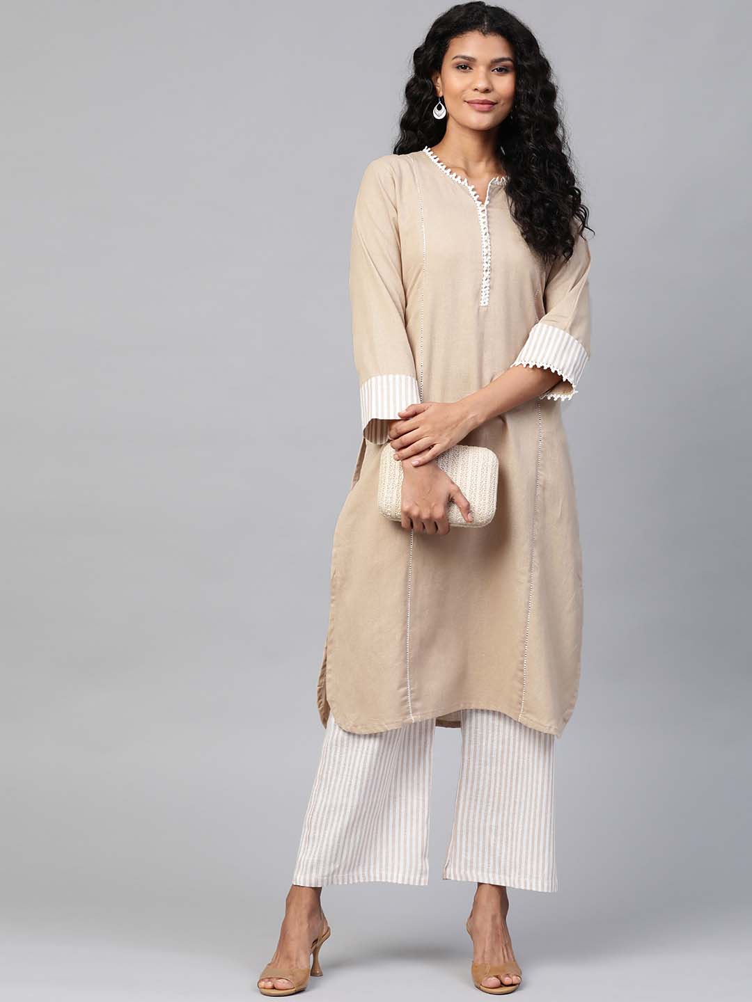 Women Beige Yoke Design Straight Sustainable Kurta