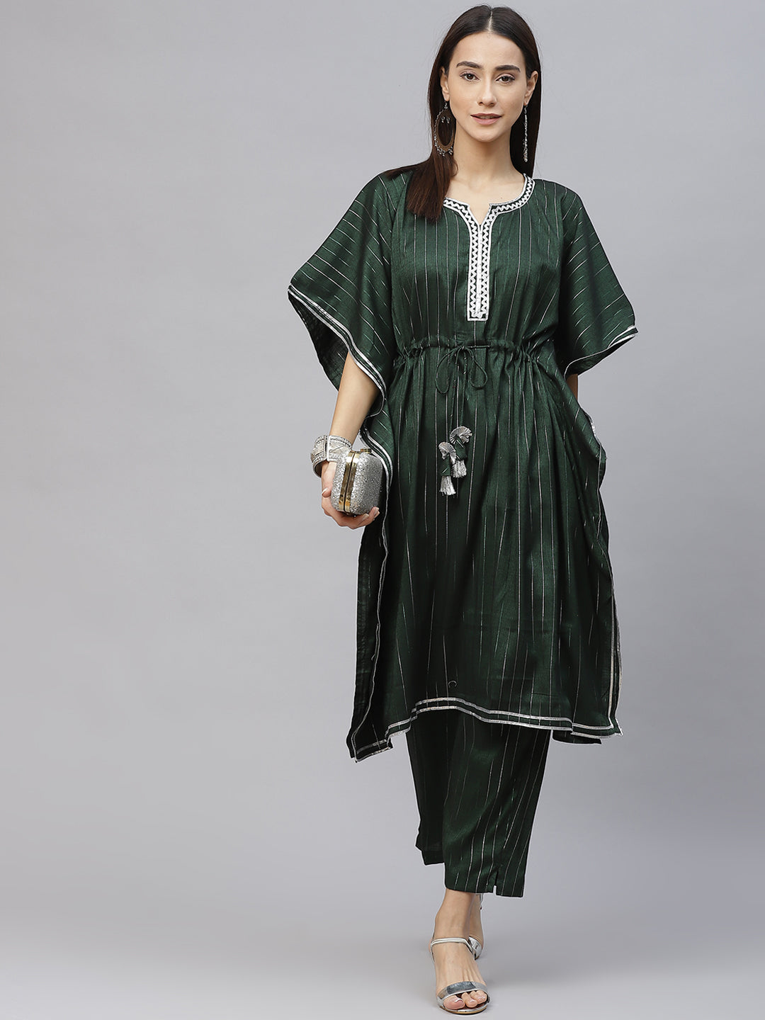 Women Green & Silver Striped  Lurex Pleated Kaftan Kurta & Palazzos