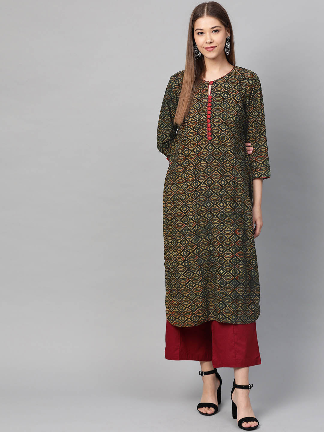 Women Green & Beige Ajrakh Handblock Print Sustainable Straight Kurta