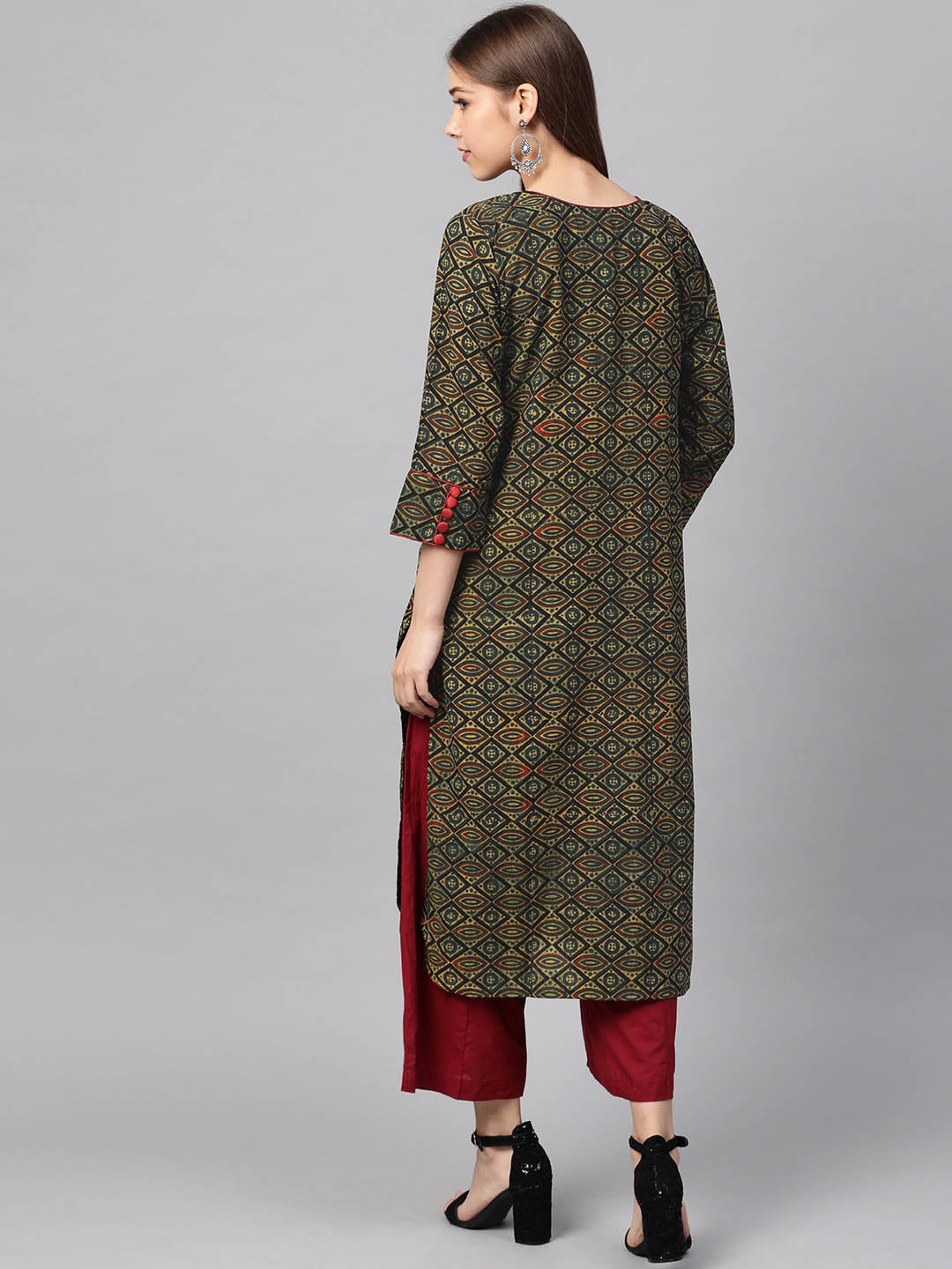 Women Green & Beige Ajrakh Handblock Print Sustainable Straight Kurta