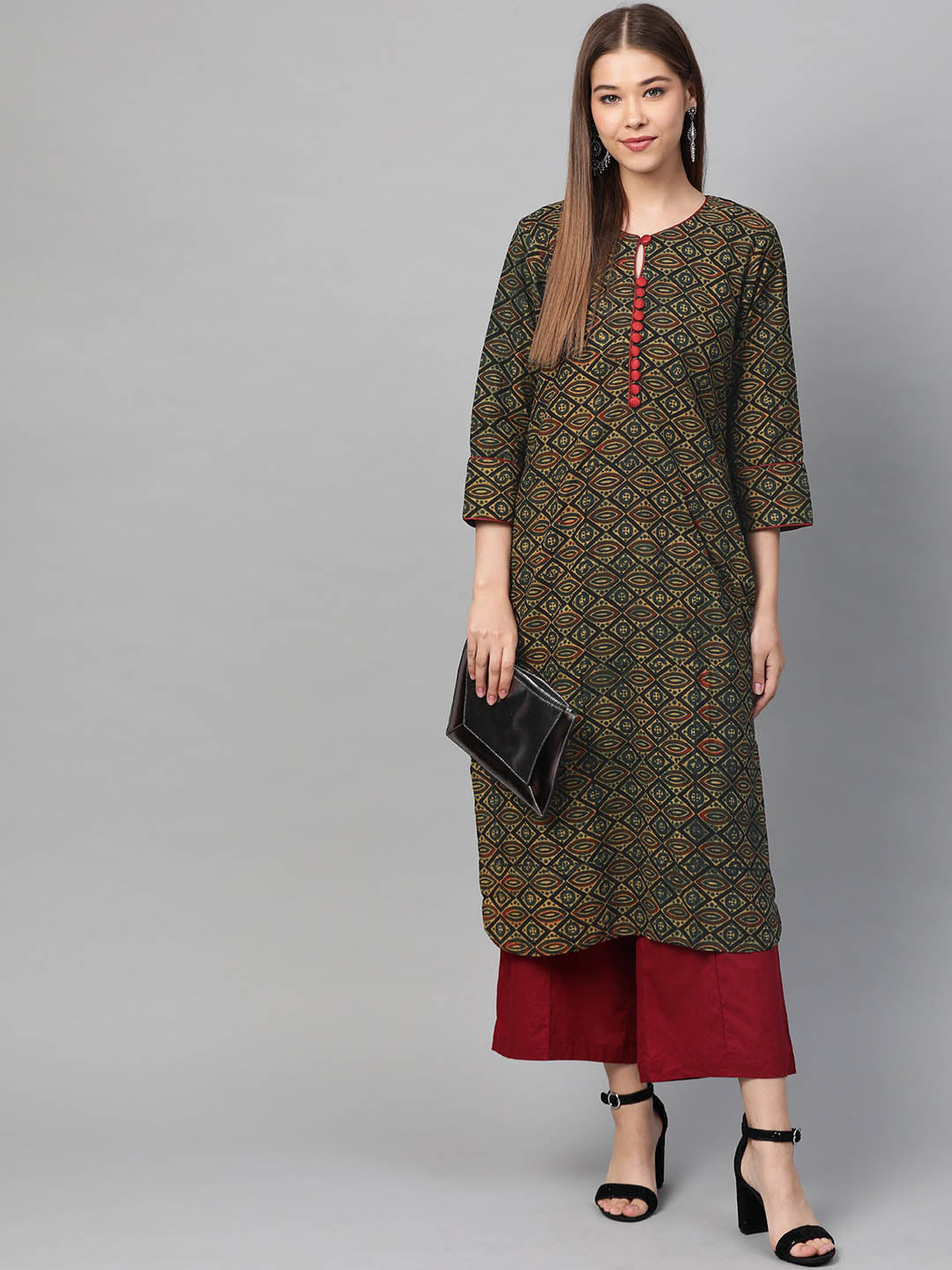 Women Green & Beige Ajrakh Handblock Print Sustainable Straight Kurta