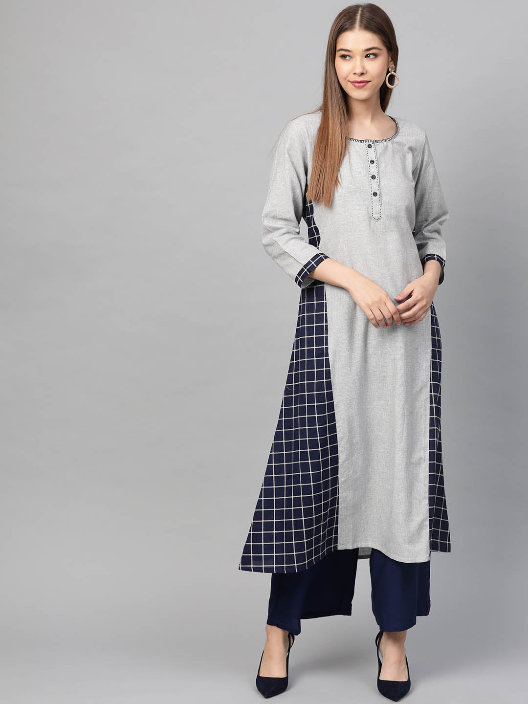 Grey & Navy Blue Checked A-Line Kurta