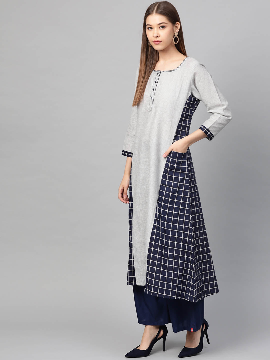 Grey & Navy Blue Checked A-Line Kurta