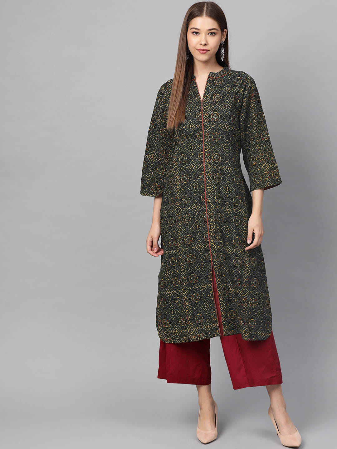 Women Green & Beige Ajrakh Handblock Print Straight Sustainable Kurta