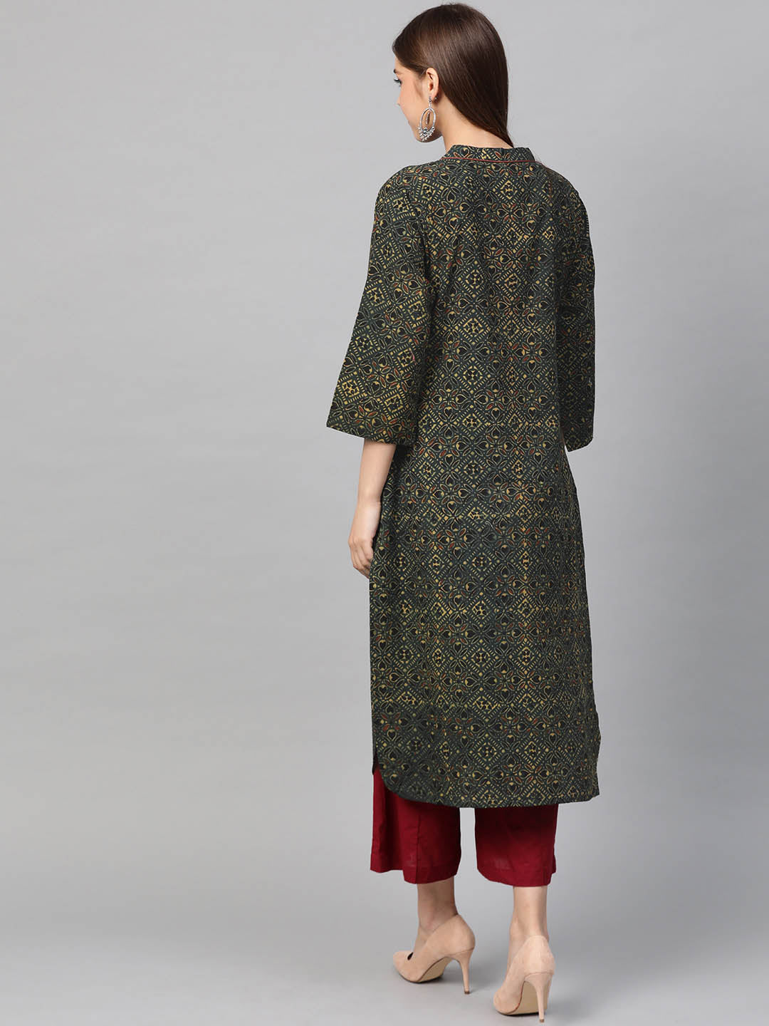 Women Green & Beige Ajrakh Handblock Print Straight Sustainable Kurta