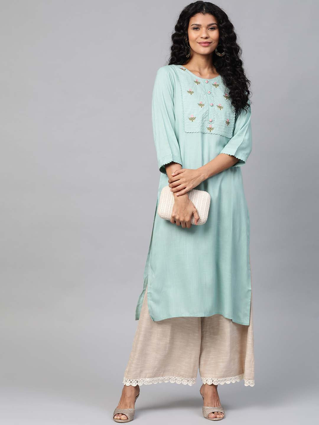 Sea Green Yoke Embroidered Straight Kurta