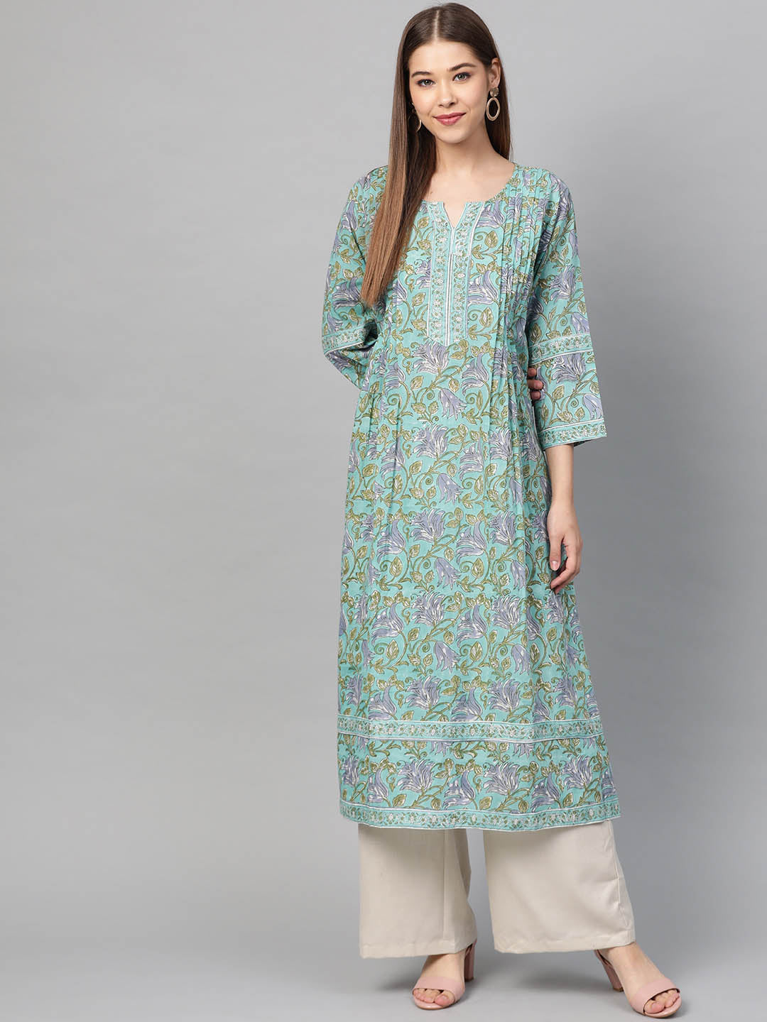 Women Green & Off-White Hand Block Printed Straight Sustainable Kurta