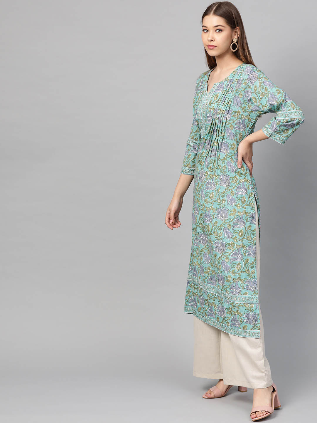 Women Green & Off-White Hand Block Printed Straight Sustainable Kurta