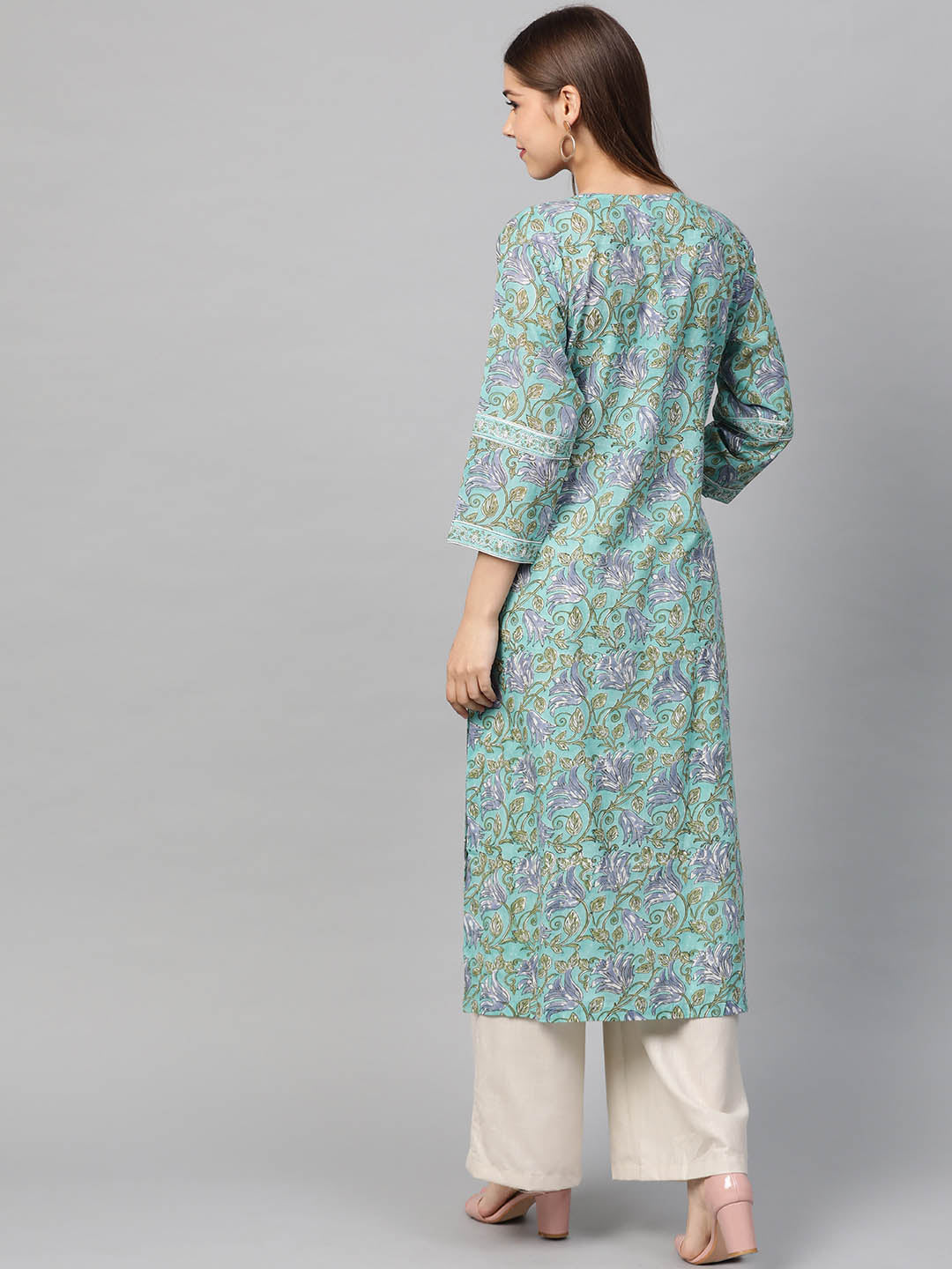 Women Green & Off-White Hand Block Printed Straight Sustainable Kurta