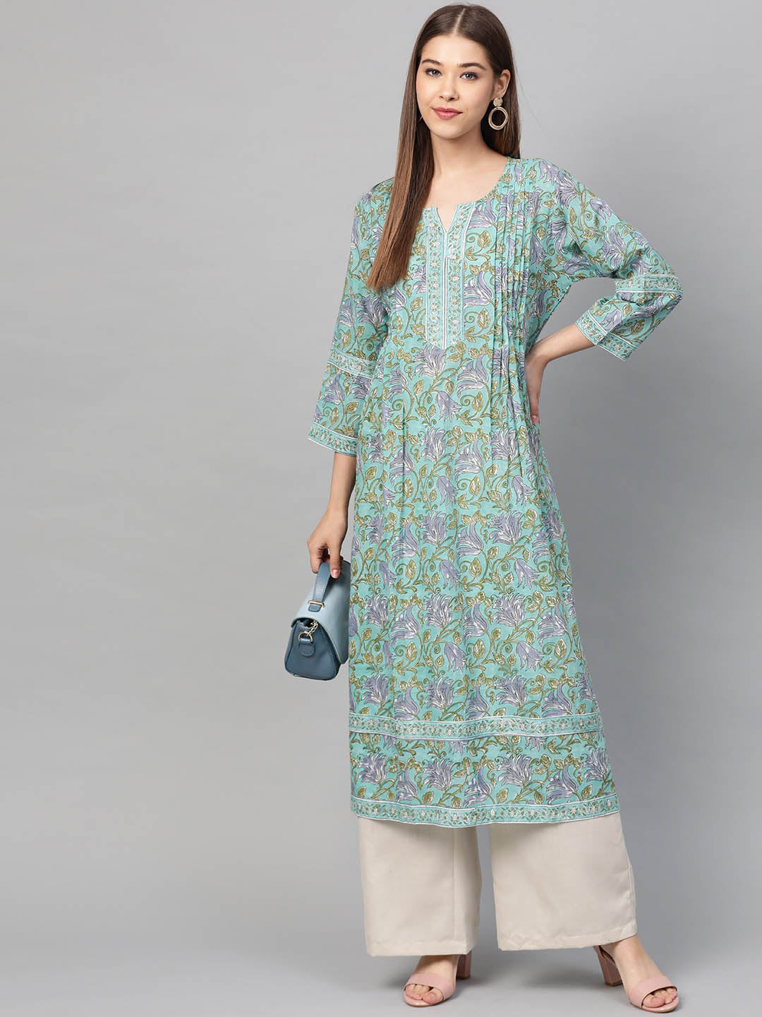 Women Green & Off-White Hand Block Printed Straight Sustainable Kurta