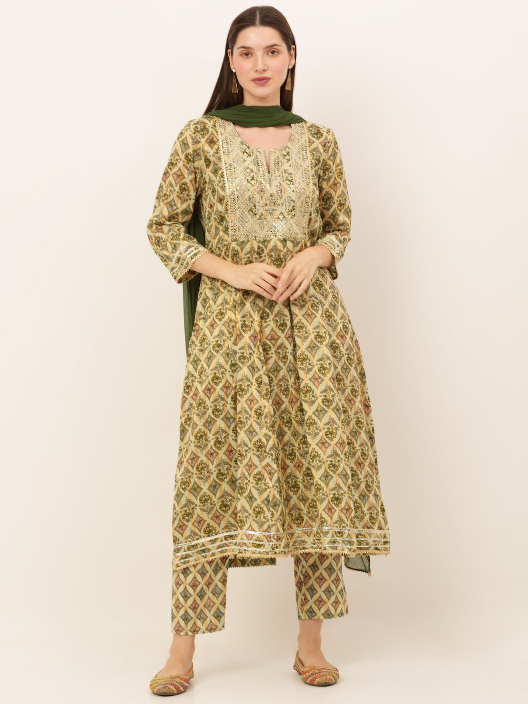 Women Green Floral Printed Zari Embroidered Anarkali Kurta with Palazzo and Dupatta