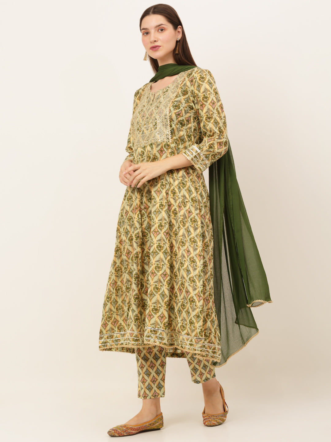 Women Green Floral Printed Zari Embroidered Anarkali Kurta with Palazzo and Dupatta