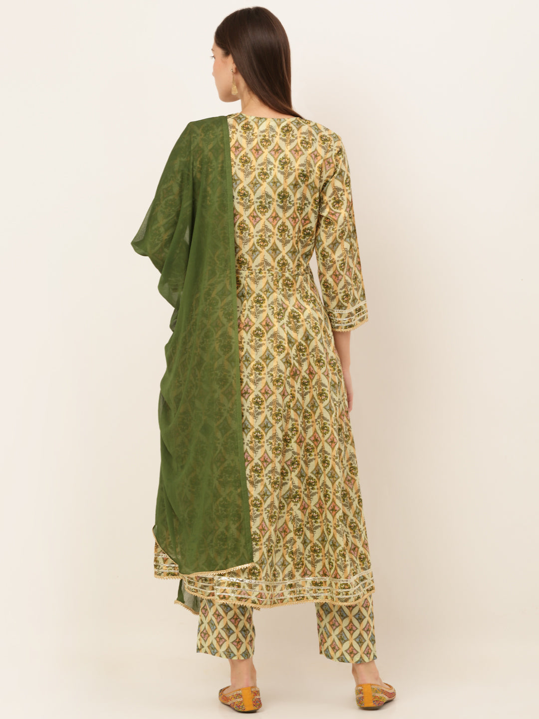 Women Green Floral Printed Zari Embroidered Anarkali Kurta with Palazzo and Dupatta