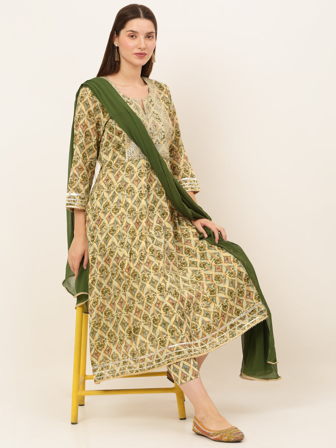 Women Green Floral Printed Zari Embroidered Anarkali Kurta with Palazzo and Dupatta