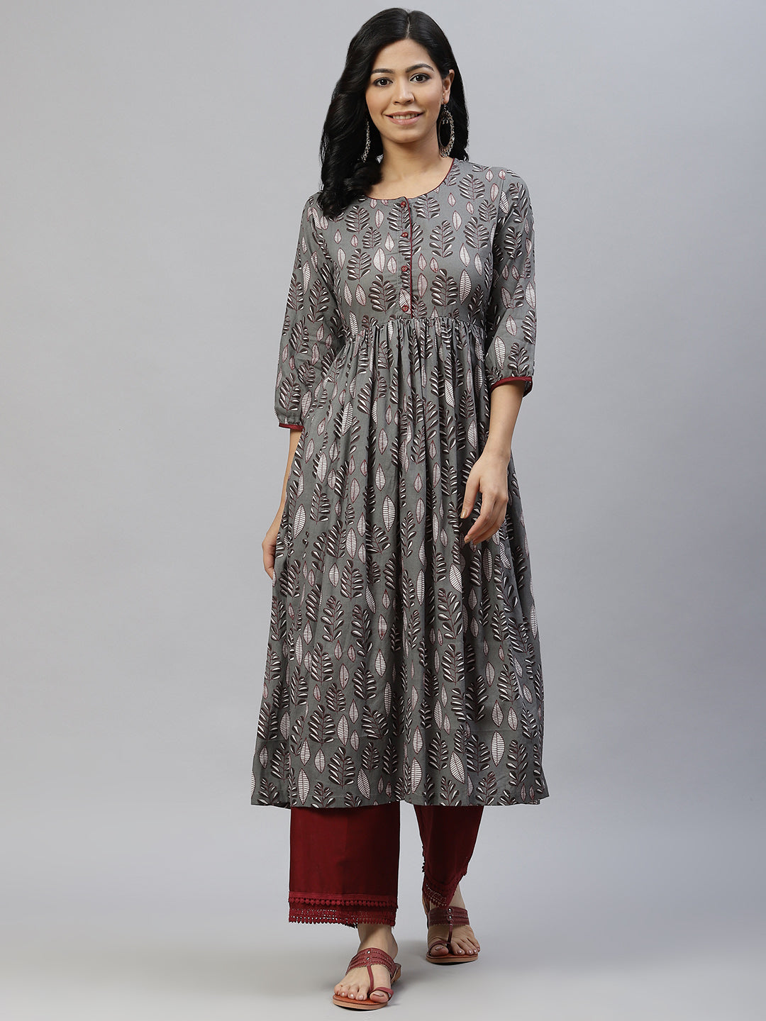 Women Grey Leaf Print Cotton Kurta