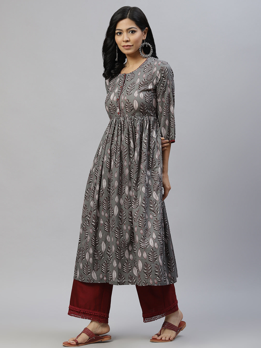 Women Grey Leaf Print Cotton Kurta