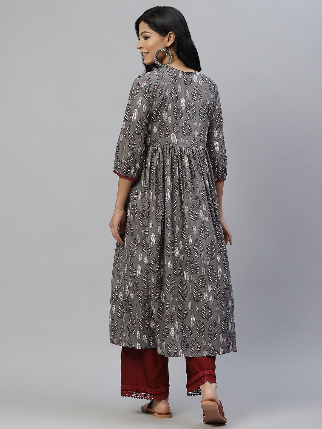 Women Grey Leaf Print Cotton Kurta