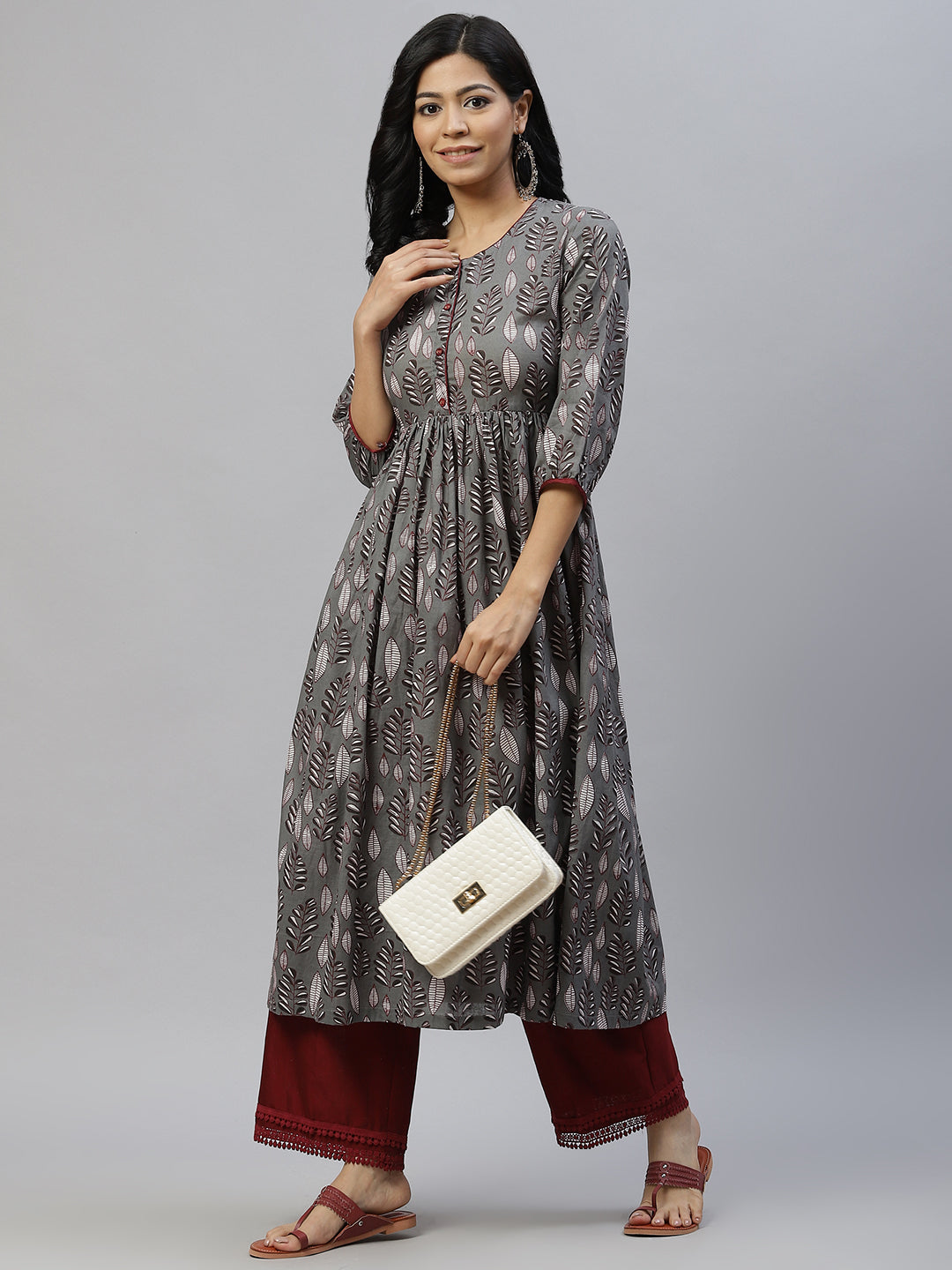 Women Grey Leaf Print Cotton Kurta