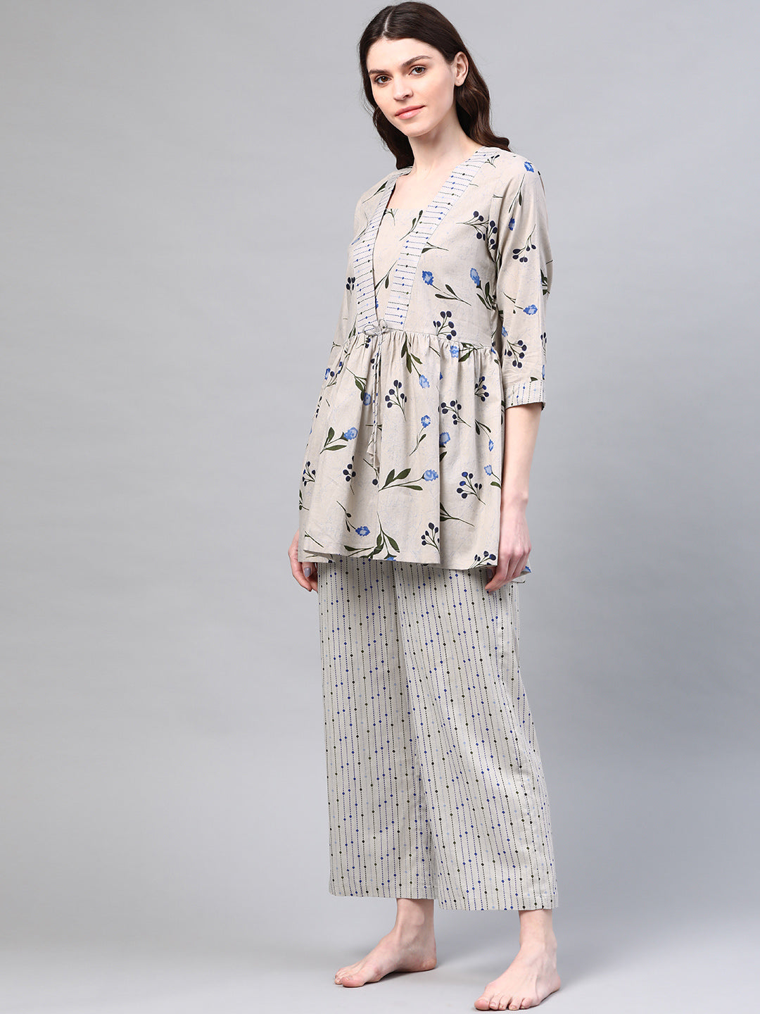 Grey & Blue Floral Print Pure  Cotton Sustainable Night suit