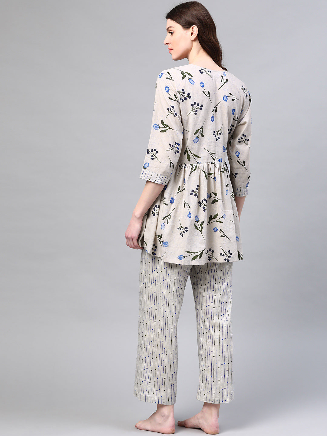 Grey & Blue Floral Print Pure  Cotton Sustainable Night suit