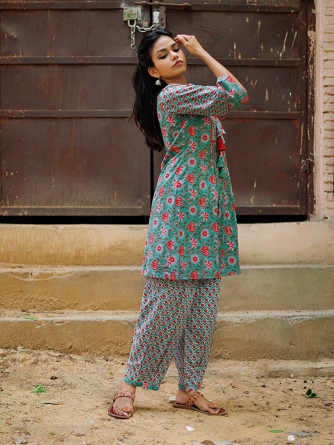 Green floral Pure Cotton Co-ord set with tassels at Neck