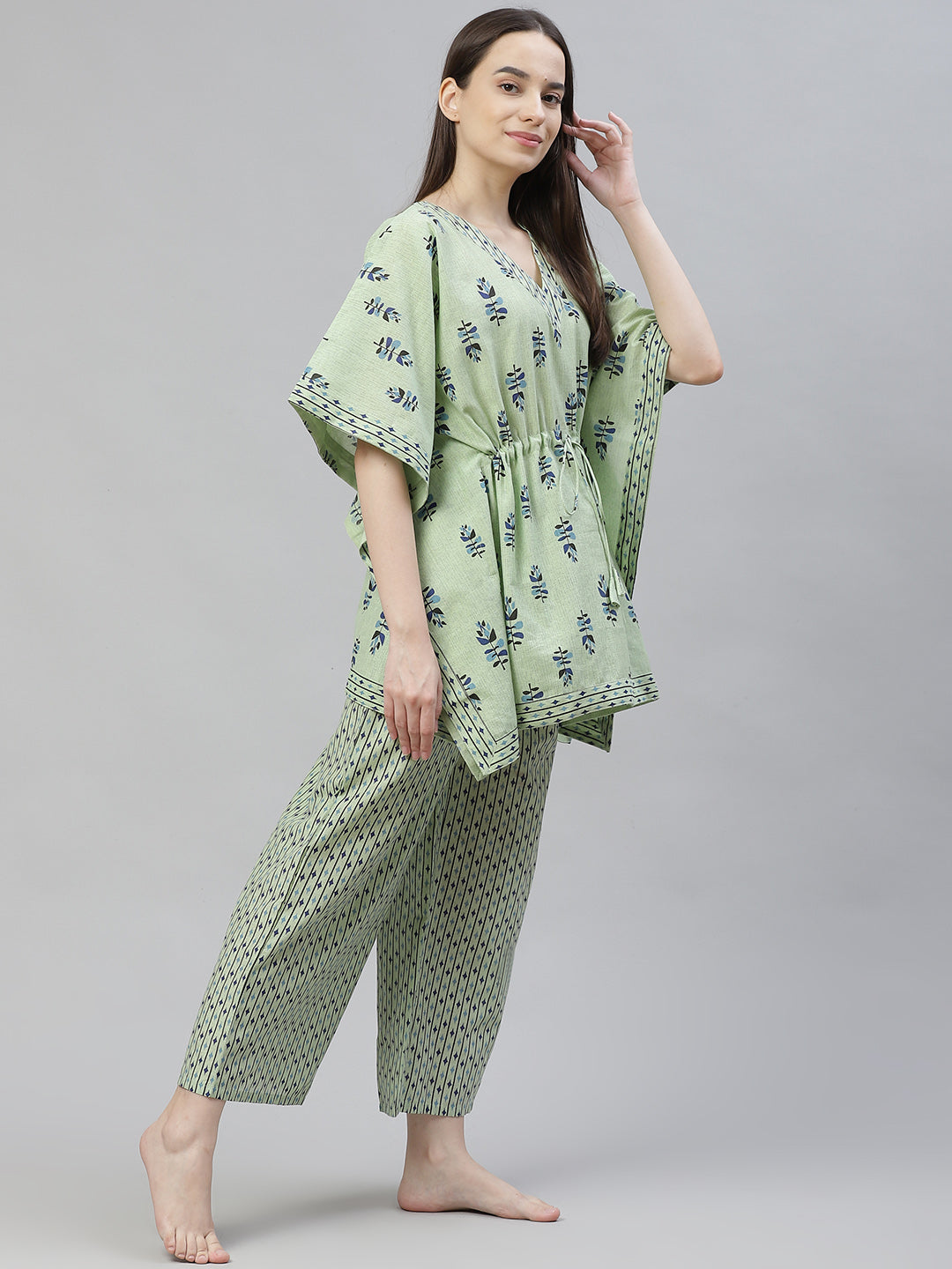 Green Printed  Cotton Kaftan Night suit