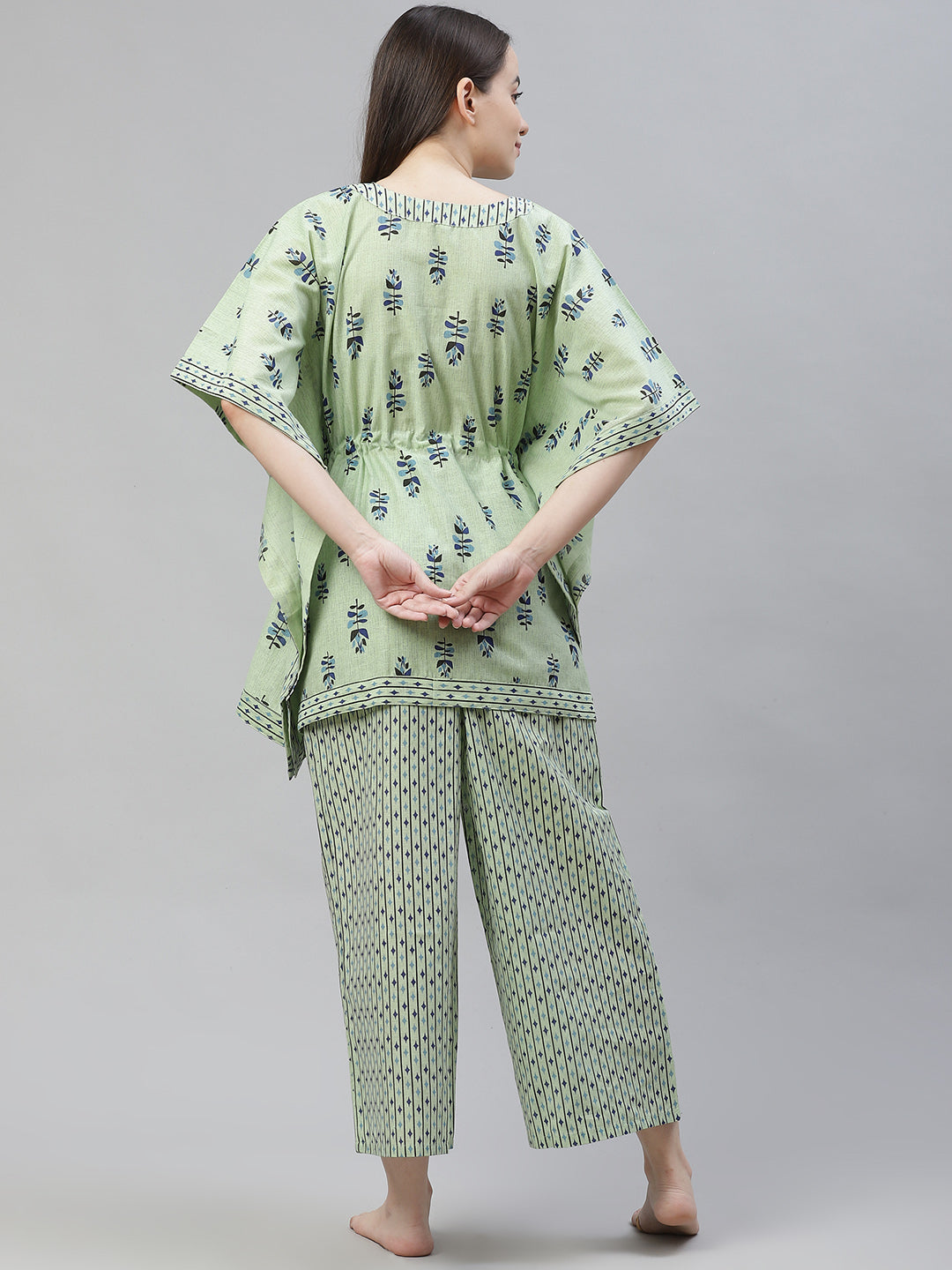 Green Printed  Cotton Kaftan Night suit