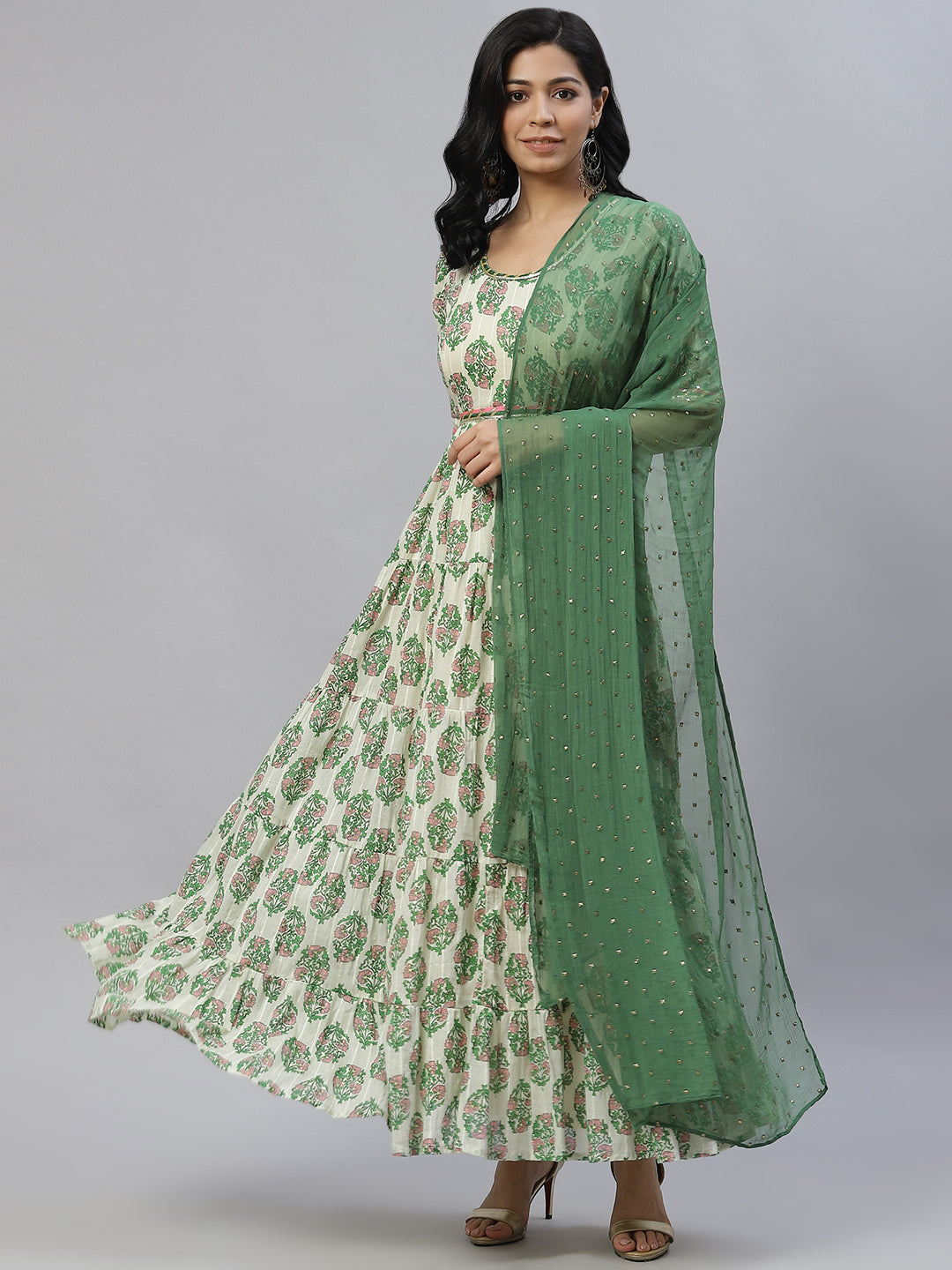 Cream-Coloured & Green Floral Ethnic Maxi Dress with Dupatta