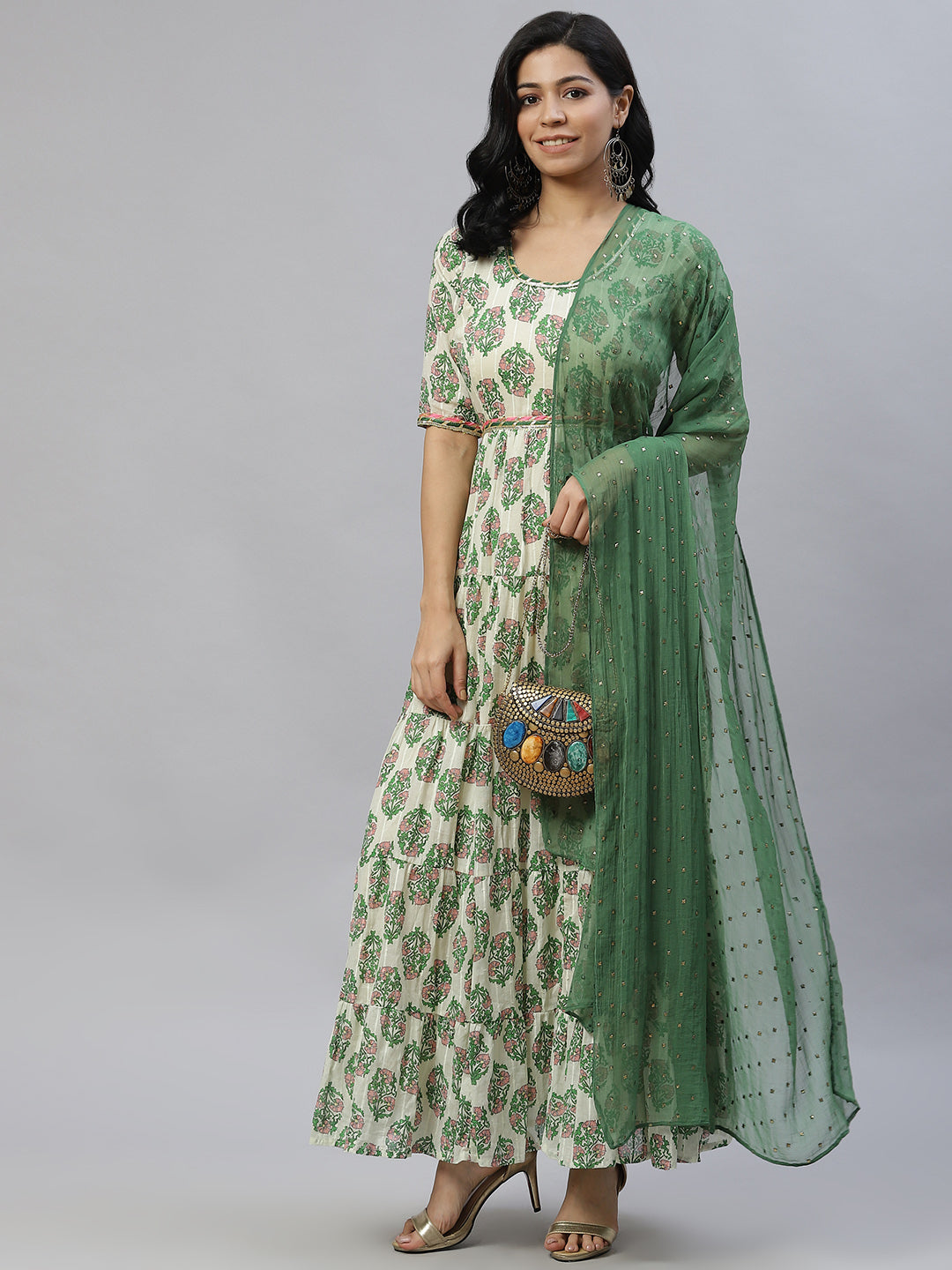 Cream-Coloured & Green Floral Ethnic Maxi Dress with Dupatta