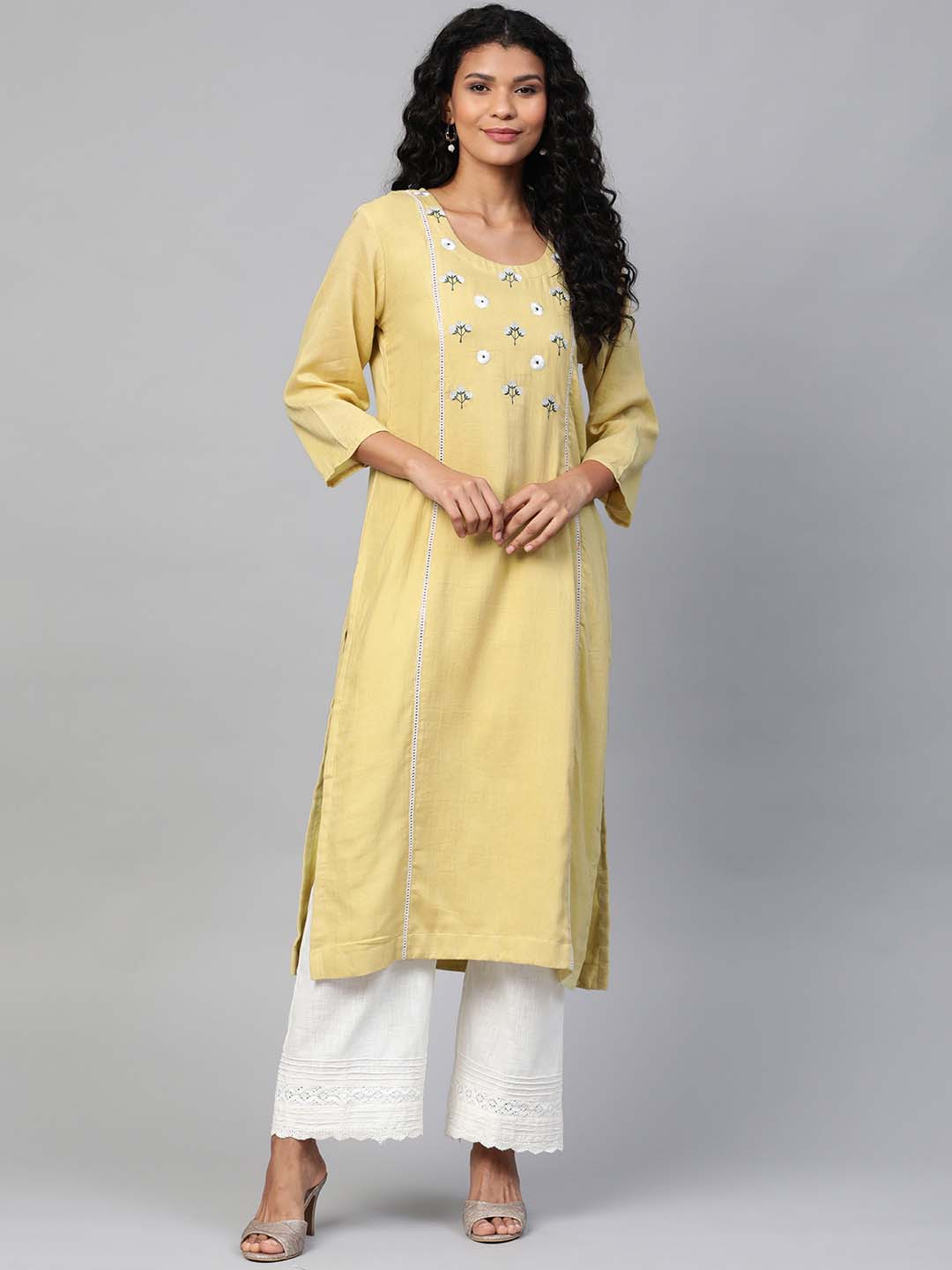 Women Green Yoke Embroidered Straight Sustainable Kurta