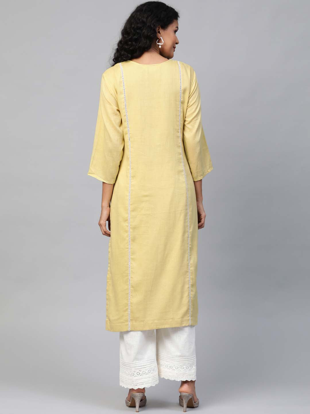 Women Green Yoke Embroidered Straight Sustainable Kurta