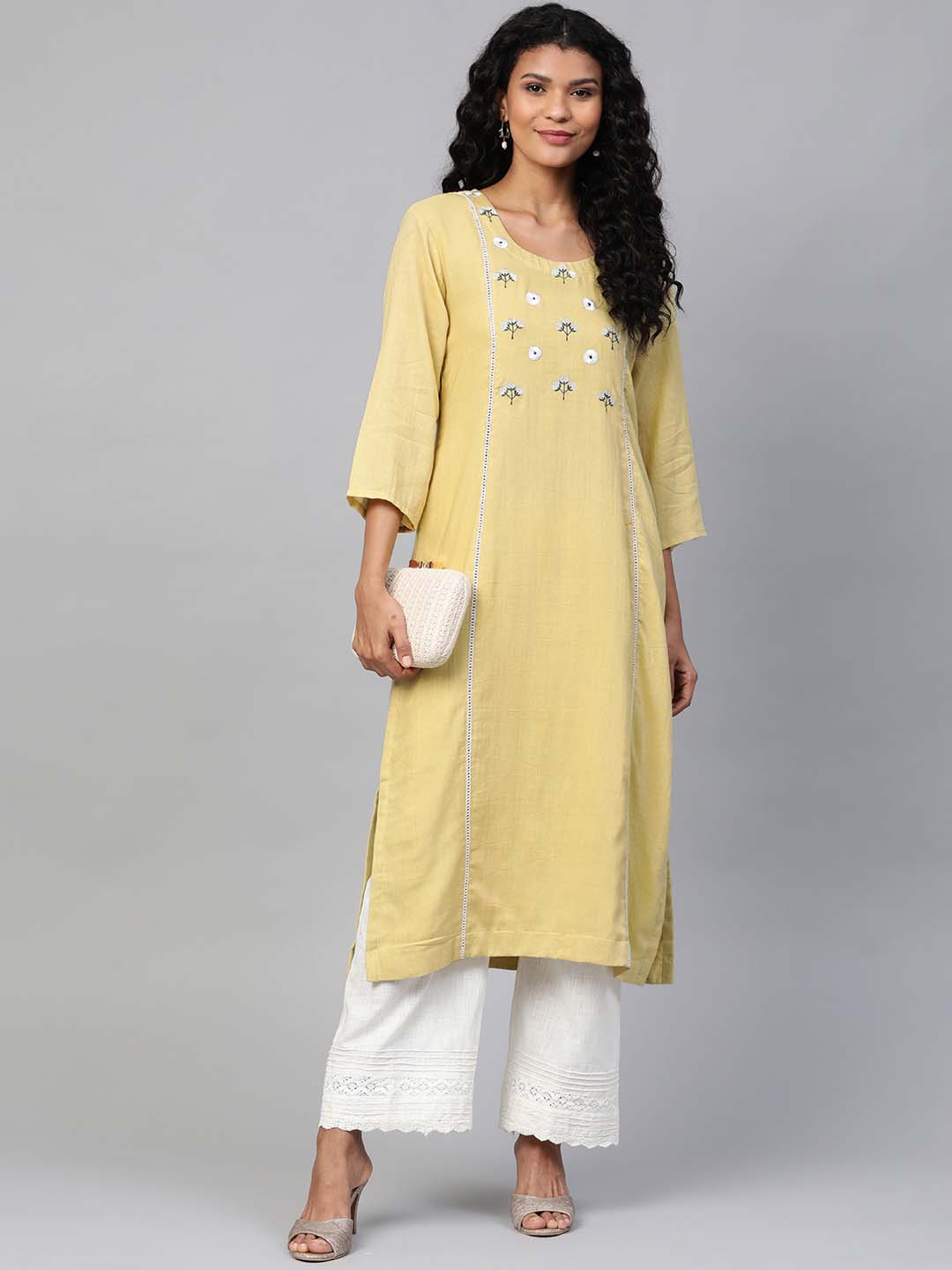 Women Green Yoke Embroidered Straight Sustainable Kurta