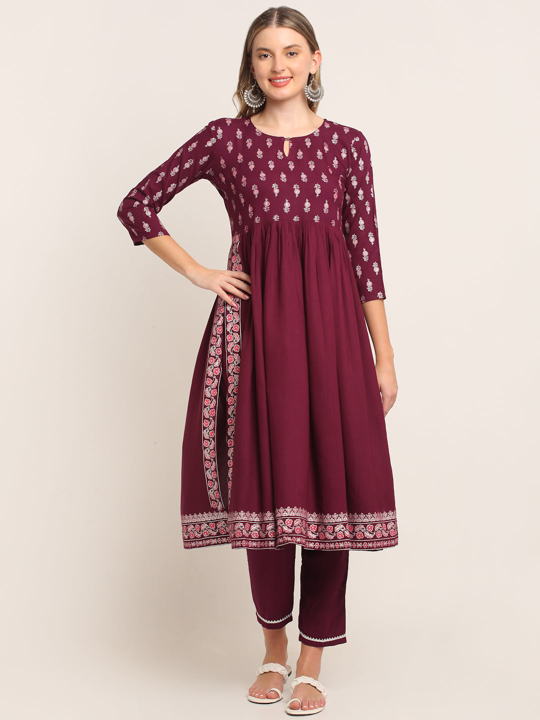 Women Wine & Silver Ethnic Motifs Printed Nyra Cut Kurta Set