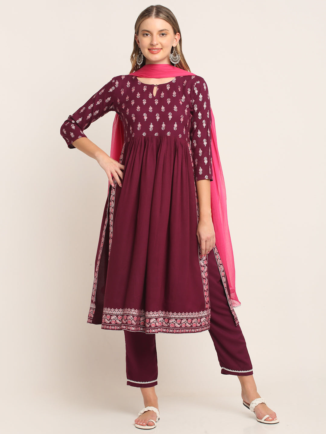 Women Wine & Silver Ethnic Motifs Printed Nyra Cut Kurta Set