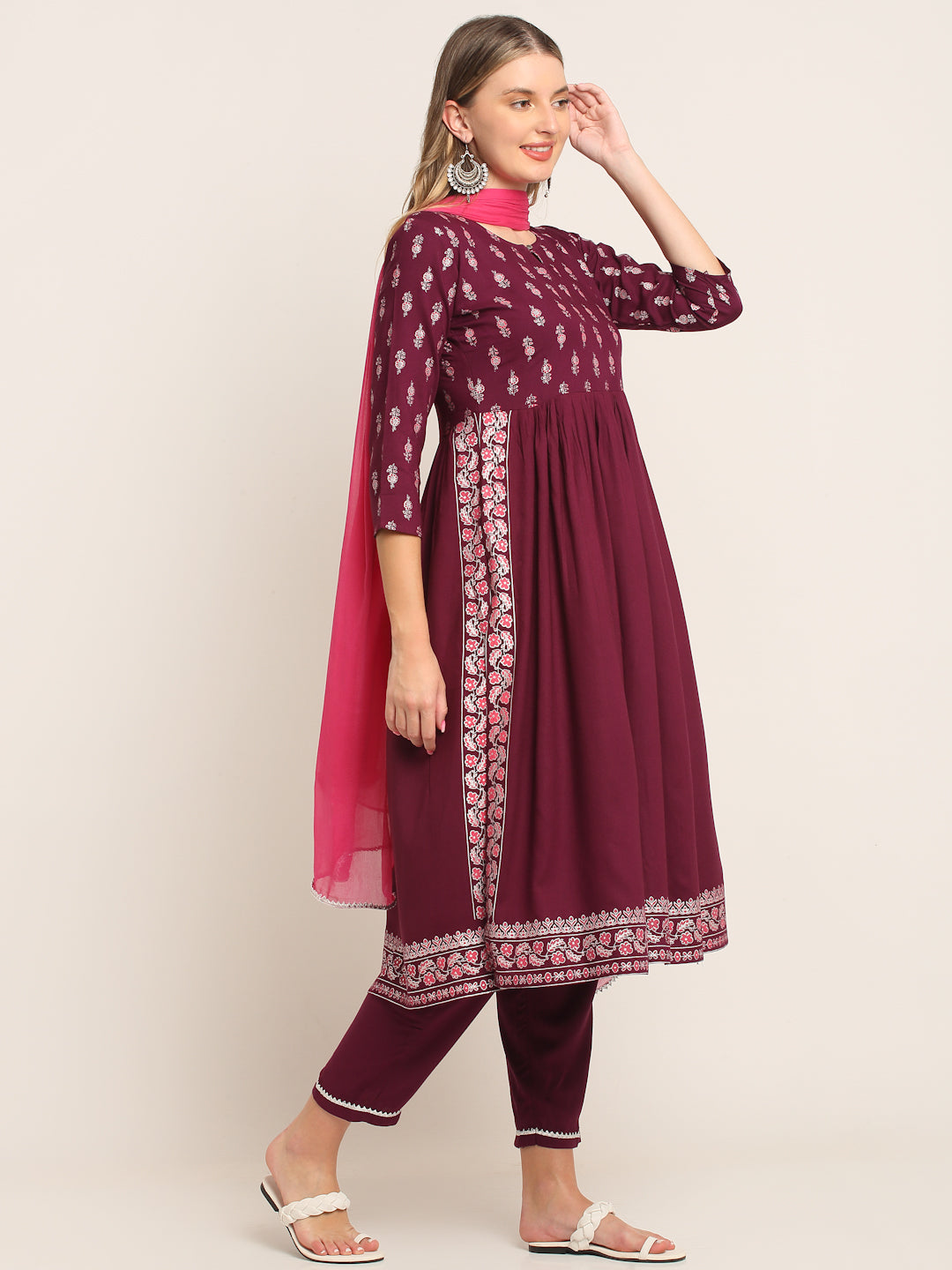 Women Wine & Silver Ethnic Motifs Printed Nyra Cut Kurta Set