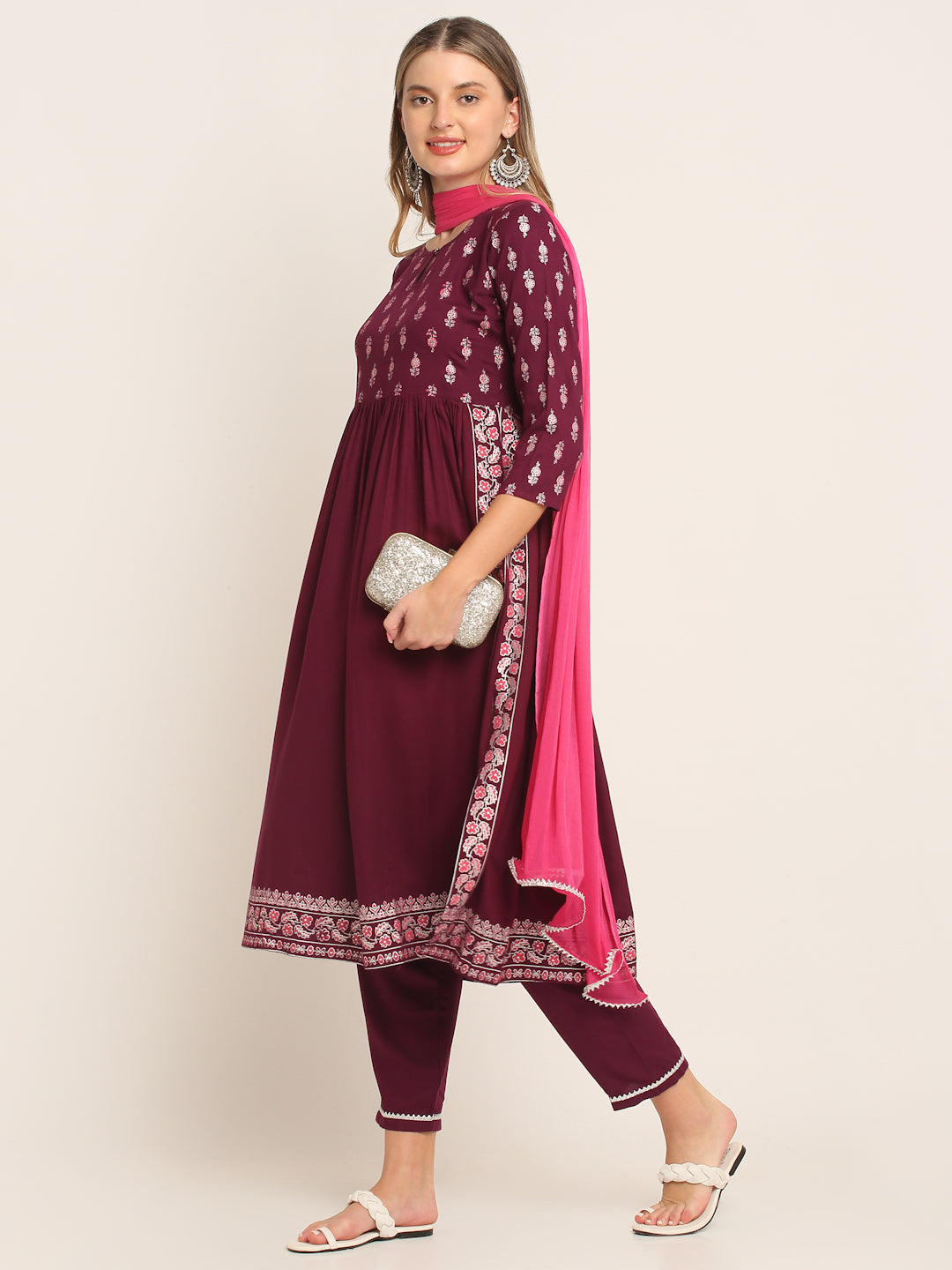 Women Wine & Silver Ethnic Motifs Printed Nyra Cut Kurta Set