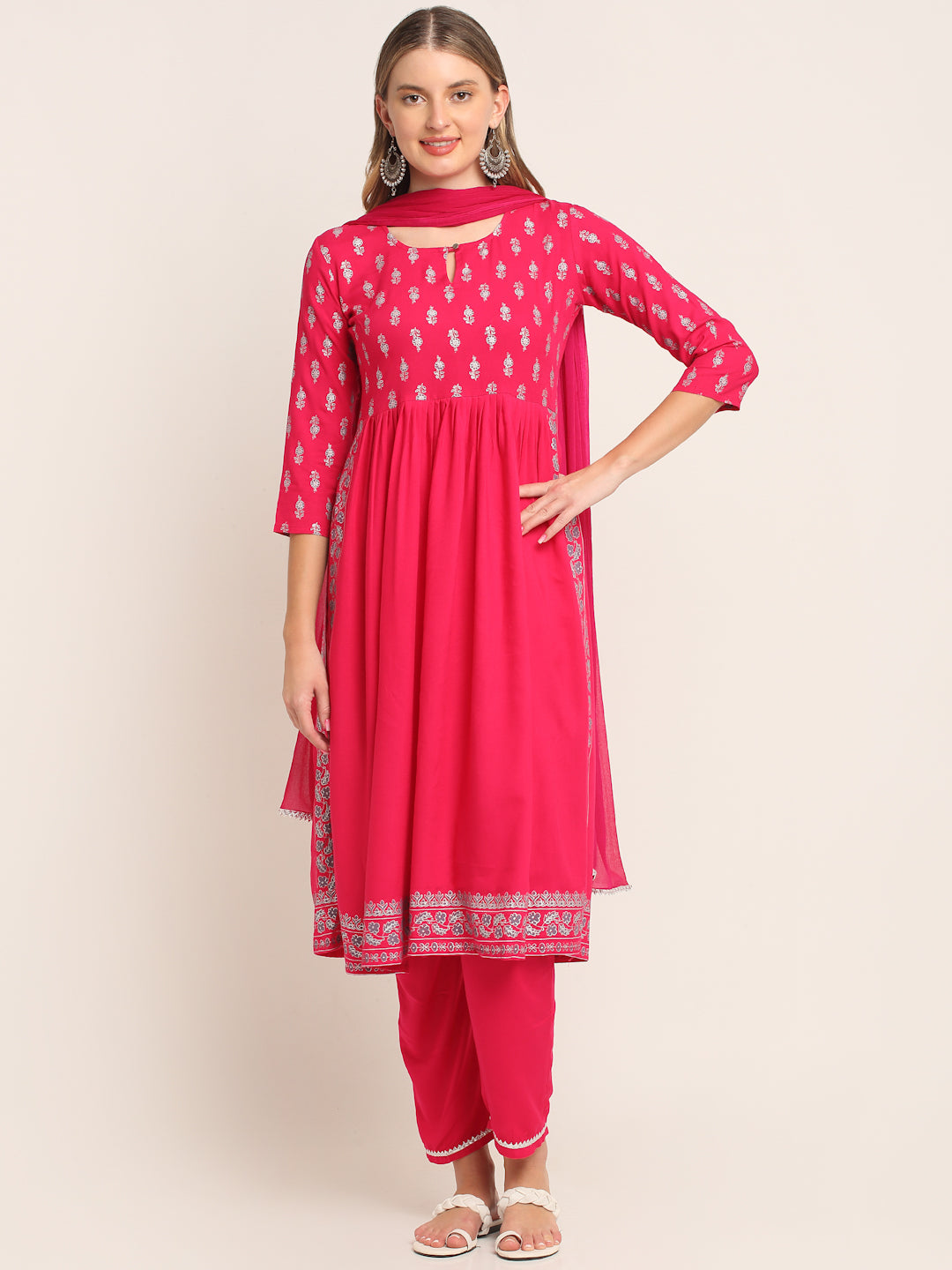 Women Pink & Silver Ethnic Motifs Printed Nyra Cut Kurta Set