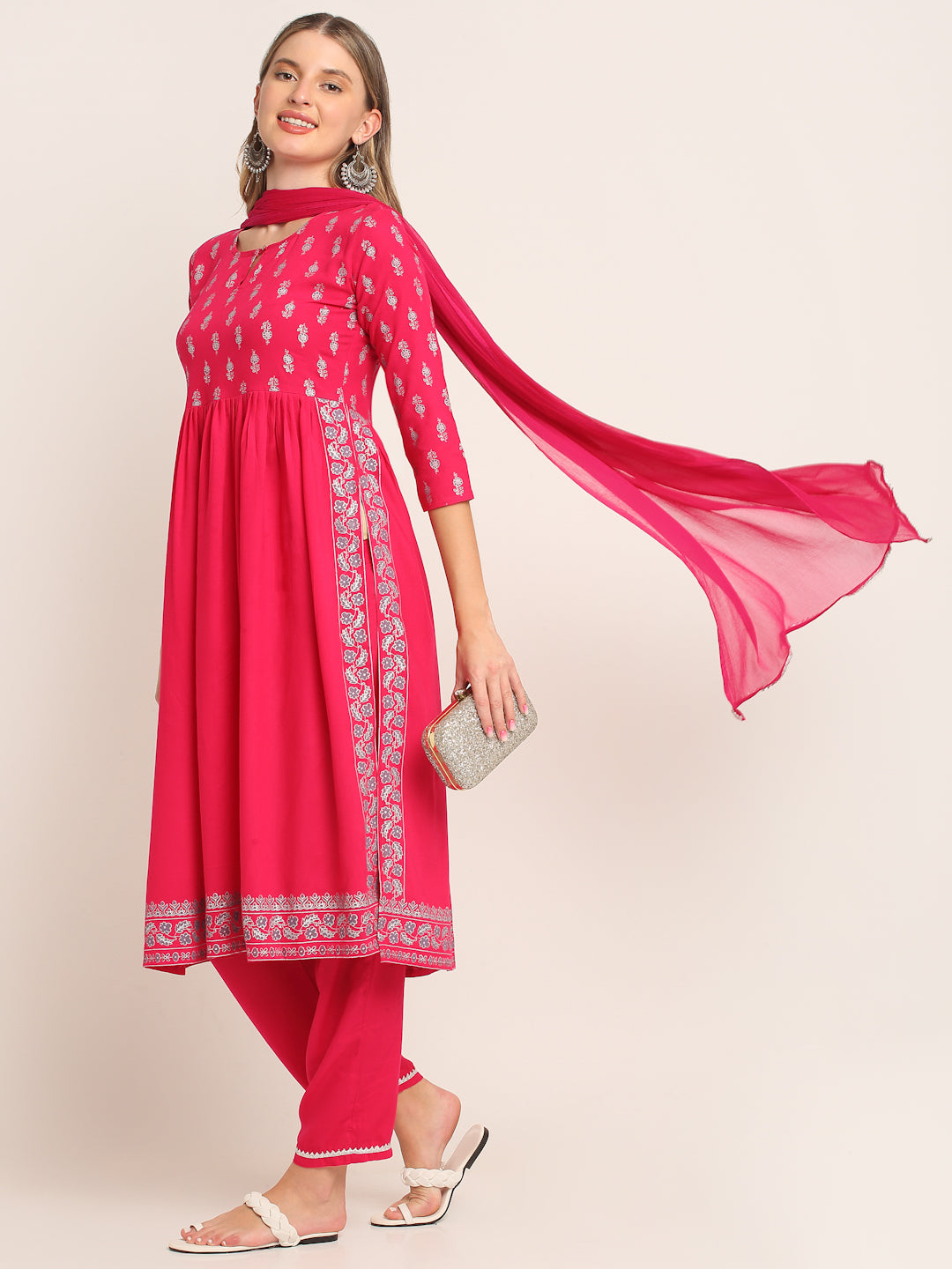 Women Pink & Silver Ethnic Motifs Printed Nyra Cut Kurta Set