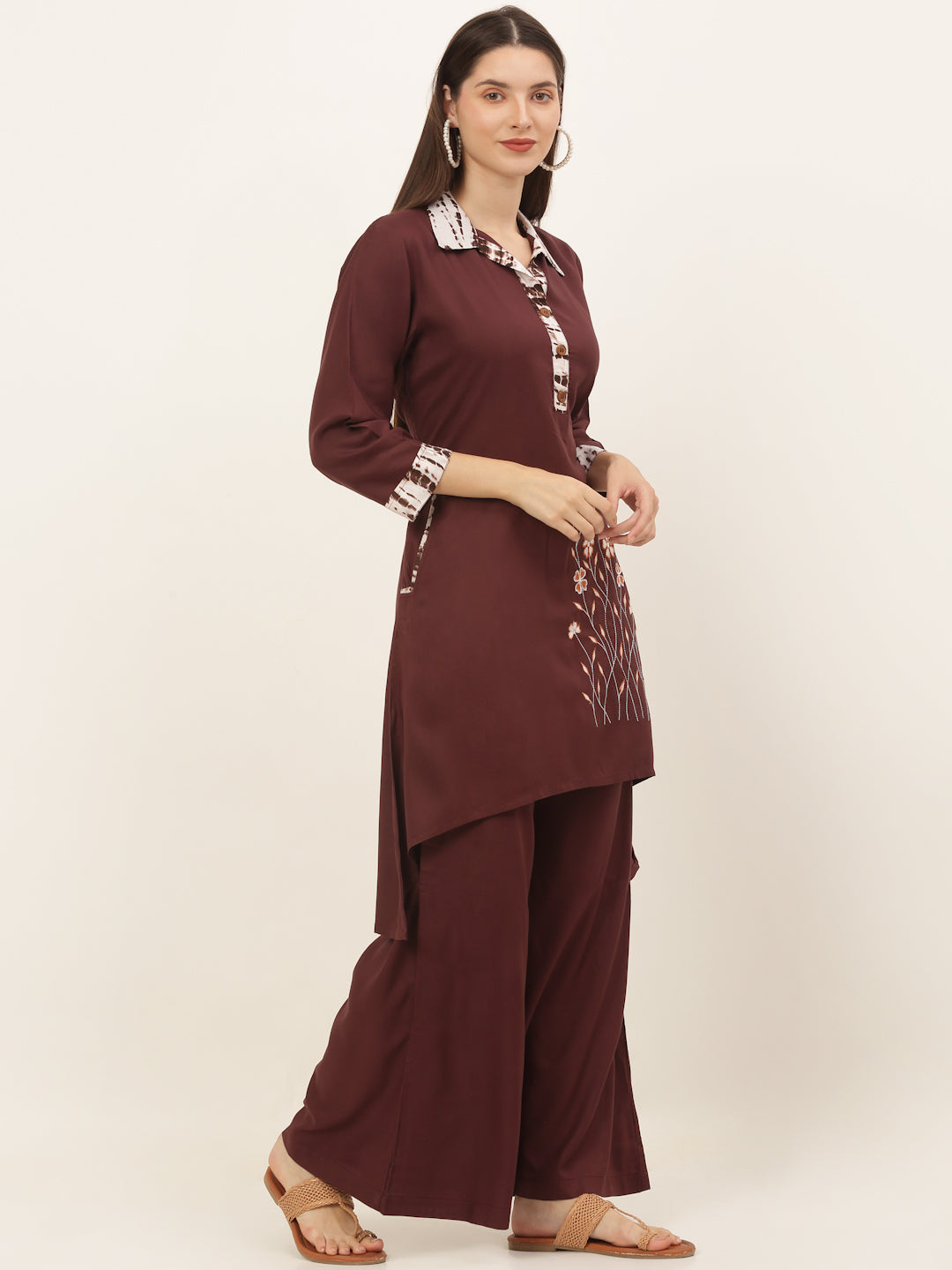 Women Brown Embroidered Kurti with Palazzos