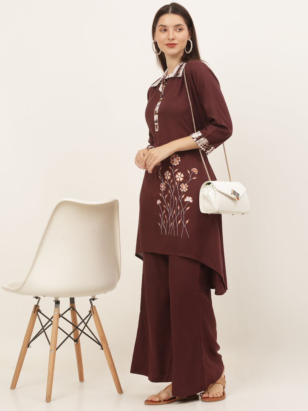 Women Brown Embroidered Kurti with Palazzos