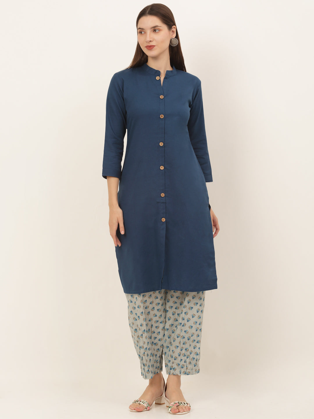 Women Blue Pure Cotton Kurta with Pleated Hem Salwar