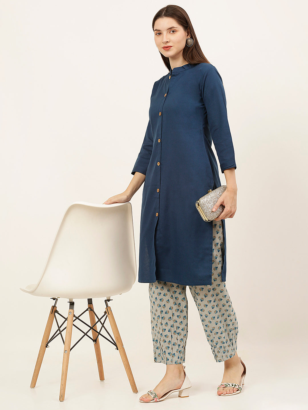 Women Blue Pure Cotton Kurta with Pleated Hem Salwar