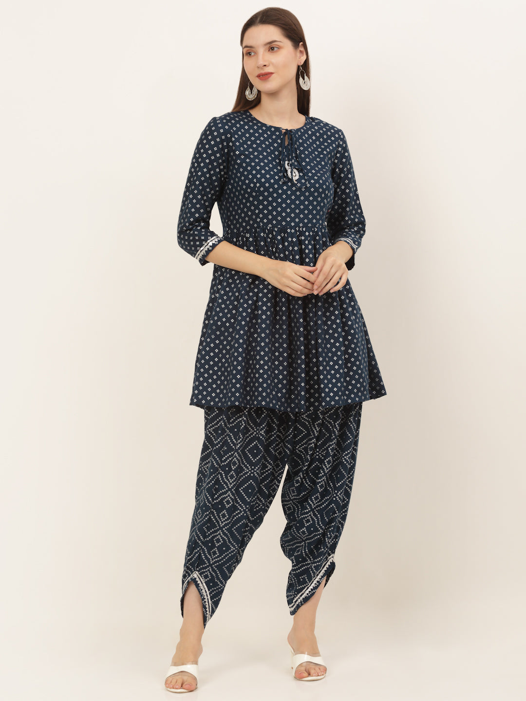 Women Bandhani Printed Pleated Kurti with Dhoti Pants