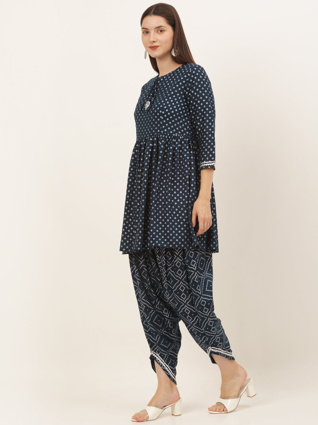 Women Bandhani Printed Pleated Kurti with Dhoti Pants