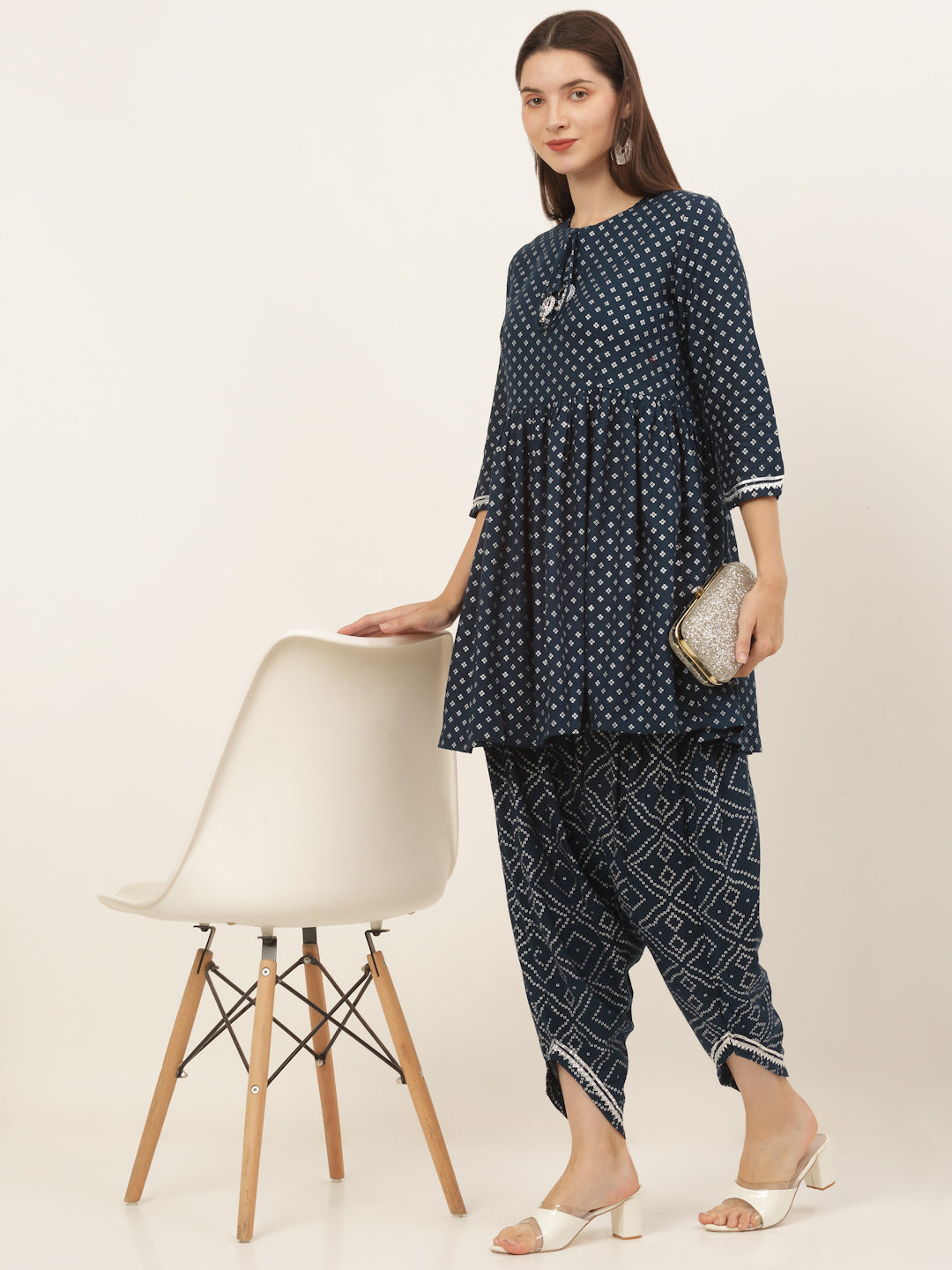 Women Bandhani Printed Pleated Kurti with Dhoti Pants