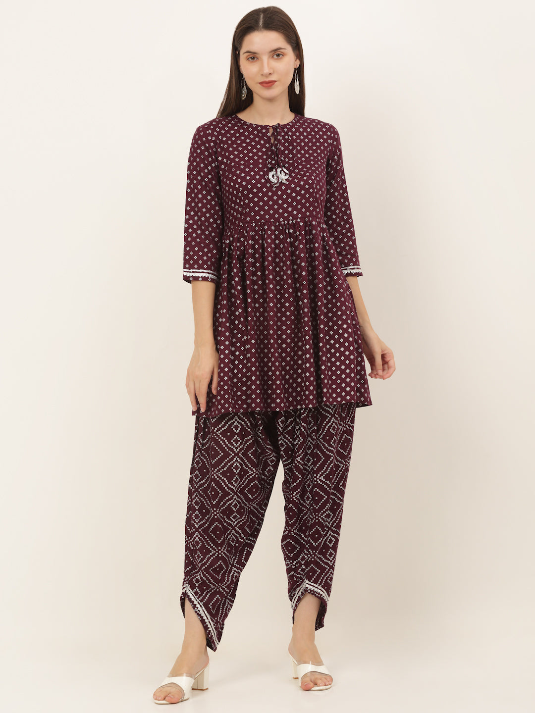 Women Burgundy Bhandhni Printed Kurti with Dhoti Pants