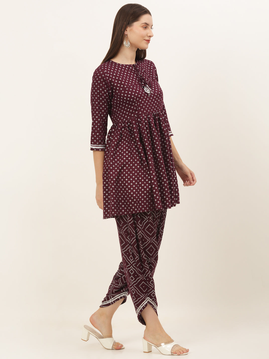 Women Burgundy Bhandhni Printed Kurti with Dhoti Pants