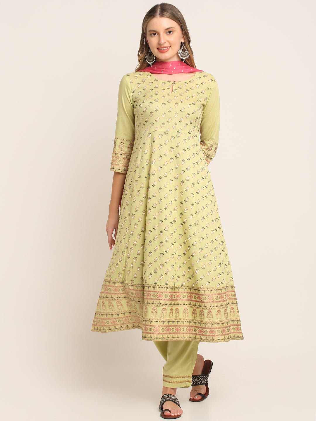 Women Green & Golden Printed Anarkali Kurta with Palazzo and Dupatta